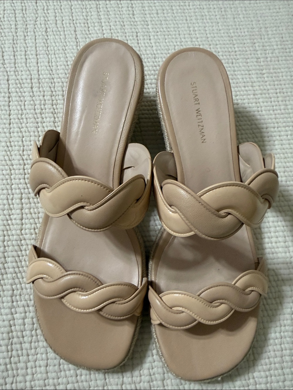 Stuart Weitzman Twist Espadrille Wedge Slide Sandals Nude Beige Leather SZ 9.5